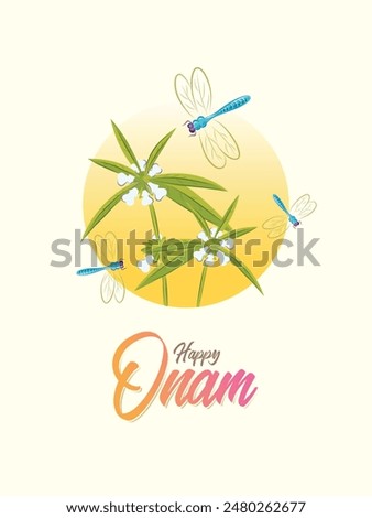 Kerala Festival Onam greetings with illustration of Seasonal flower Thumba (Leucas slitwort)  and Dragonflies. 