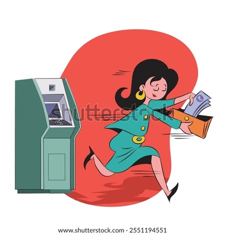 Woman dashing away. Business person with wallet. isolated illustration on white background