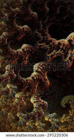 Vision - Digital, traditional fractal made up of dark colors and tight, weaving shapes that take the form of a reef.