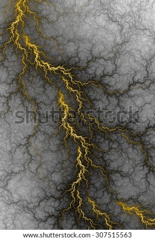Digital fractal of fantasy yellow lightning storm, hot electrical background.
