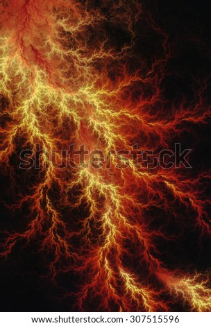 Digital fractal of fantasy inferno lightning storm, hot electrical background.