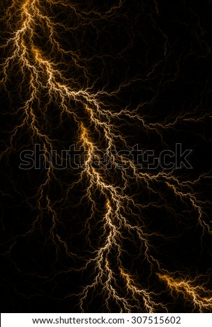 Digital fractal of fantasy gold lightning storm, hot electrical background.