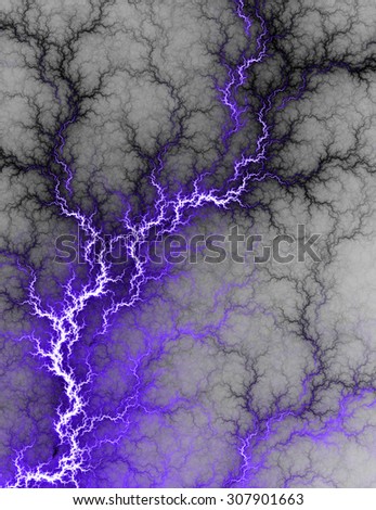 Digital fractal of electric purple lightning storm, hot electrical background.