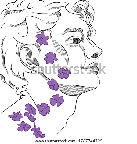 Vector portrait of a guy with filka on his face and neck. Isolated over white background. Illustration of a young European guy in fashion style. 