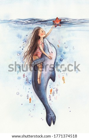 Cute girl in a striped swimsuit swims with a dolphin underwater and holds a starfish in his hand.Girl hugs with a dolphin. Best friends. Watercolor illustration. Cartoon dolphin is friends with man.
