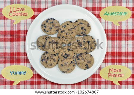 Cookies on plate with speech bubbles made from cookie dough