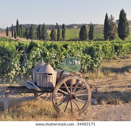 Old cart and wine flasks in front of vineyard in Tuscany, Italy