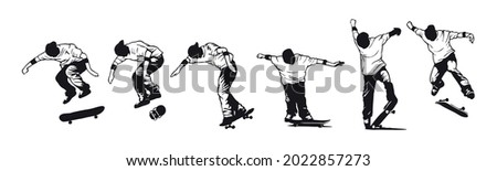 Vector illustration of skateboarder silhouette in a maneuver sequence. Art in simple and stripped lines.