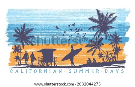 Vector handmade illustration of surfer silhouettes and lifeguard stand in beach scene.
Art with stylized background with colored brush strokes.