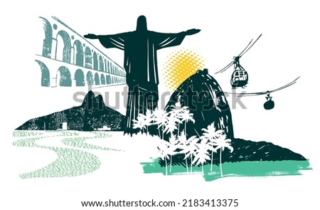 Stylized vector illustration of composition with sights of the city of Rio de Janeiro, Brazil.