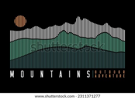 Illustration of mountain range silhouettes in graphic style, consisting of parallel lines. Design for printing on t-shirts, posters and etc...