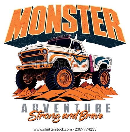 Colorful monster truck illustration. Art with lettering composition for prints on t-shirts, posters, decoration, etc.
​