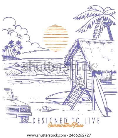 Coastal landscape illustration in cartoon style. Simple drawing of a beach house scene with a young man playing the guitar.