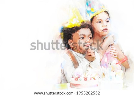 Digital painting and drawing of Group of  happy and enjoy kids have fun celebrating her birthday with Multinational friend kids birthday celebratiion party.