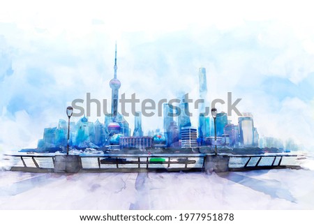 Sketch Painting Digital of Shanghai high rises office and towers of the Business district skyline at Huangpu river, Shanghai, China. - water color painting.