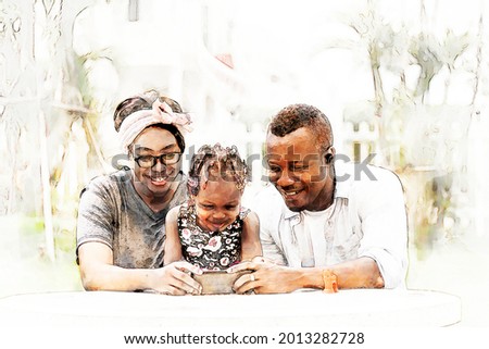 Digital painting and drawing of American African family watching photo selfie family in mobile with smile and happy in garden house- American African family outdoor activity moments