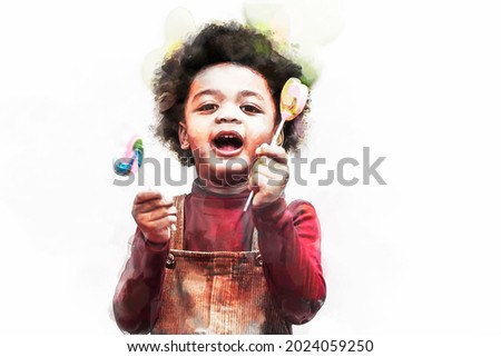 Digital painting and drawing of Africa American boy hold on colourful candy in Kids birthday celebratiion party.