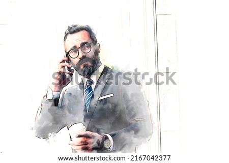 Sketch and Drawing with watercolor painting of Handsome businessman talk about business deal on mobile phone and hold coffee cup in morning on outdoor street