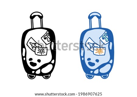 Travel suitcase icon with stickers in two versions - black and white outline, blue. Hand-drawn vector illustration. Design for logo, banner, poster.