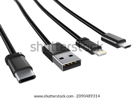 USB data cables type A, and type C plugs, micro USB and lightning, universal computer and phone connection on white background. isolated usb cord.  Charger usb cable on a white background. 3D render.  Foto stock © 