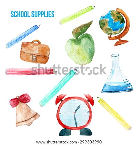 watercolor back to school poster with supplies -  alarm clock, pencils, globe isolated on white background