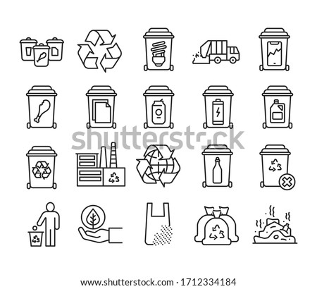 Recycling black line icons set. Garbage sorting. Zero waste lifestyle. Pictograms for web page, mobile app, promo.