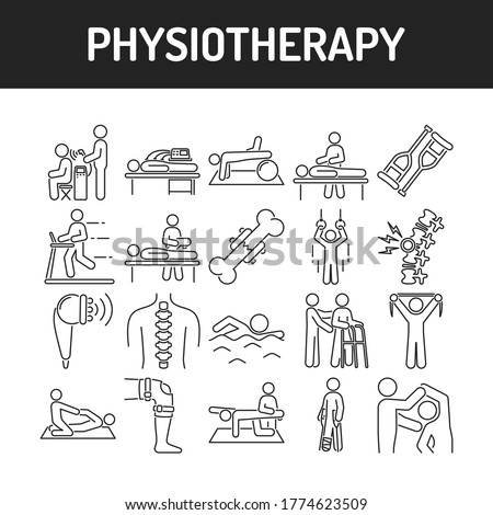 Physiotherapy line black icons set. Rehabilitation, therapy concept. Injury treatment. Isolated vector element. Outline pictograms for web page, mobile app, promo. 