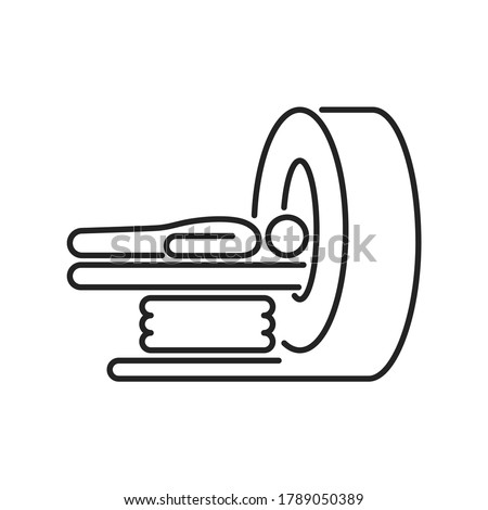 MRI machine scan device in hospital line black icon. Health care. Isolated vector element. Outline pictogram for web page, mobile app, promo.