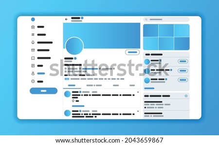 Design concept for Twitter website layout and user interface development. Mock up social network page. Vector illustration in flat style. UI UX template.