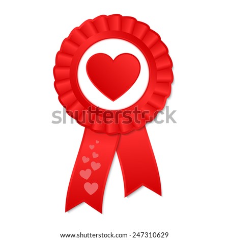 Red award rosette with ribbon and heart