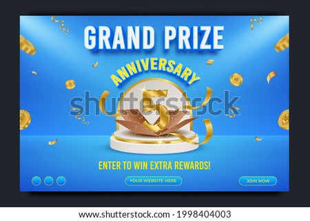 Grand prize anniversary horizontal banner template, realistic podium and flying gold coin, vector illustration.