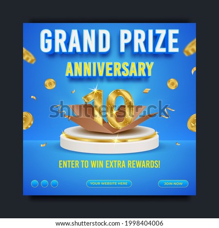 Grand prize anniversary social media banner template, realistic podium and flying gold coin, vector illustration.