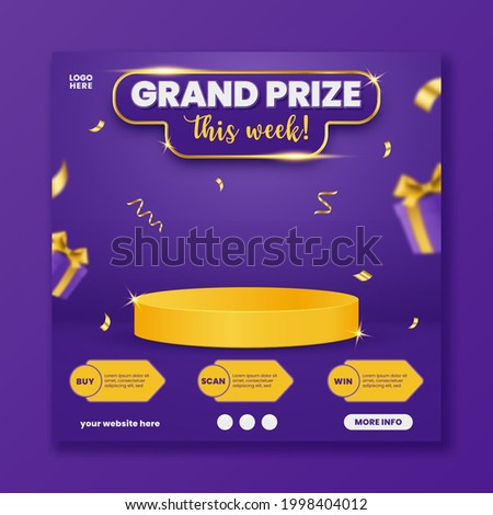 Grand prize announcement social media template with podium and flying gift box, vector illustration.