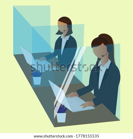 women wearing headsets conceptual of client services and communication with plexiglass workspace. call center service job vector illustration