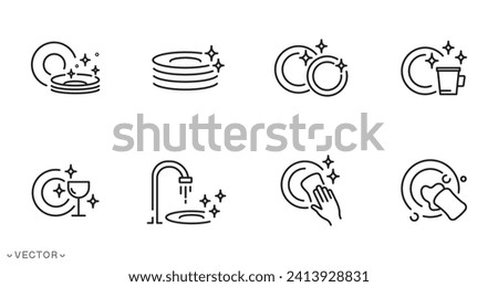 clean dishes icon collection, shiny plate stack, wash kitchen utensil, pile tableware, thin line symbol isolated on white background, editable stroke eps 10 vector illustration