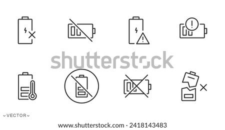 battery damage icon, charging prohibited, cross sign for accumulator, warning on battery, thin line symbols isolated on white background, editable stroke eps 10 vector illustration