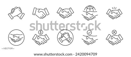 shaking hands icons collection, Agreement meeting commitment line icon style, financial cooperation, Shaking hands for agreement contract, partnership, teamwork, global teamwork, business greetings.