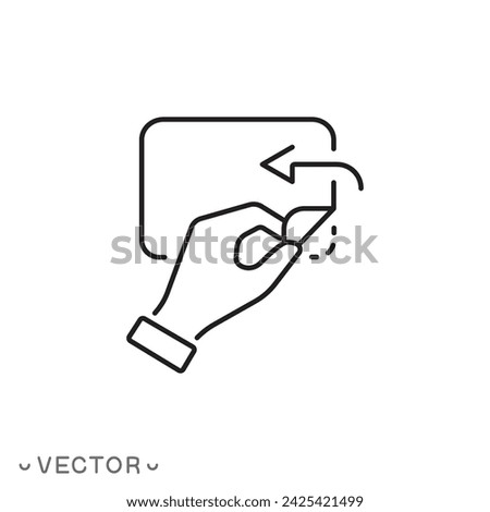 hand with sticker open icon, peel off duct tape, pull by hand to opened up, thin line symbol isolated on white background, editable stroke eps 10 vector illustration