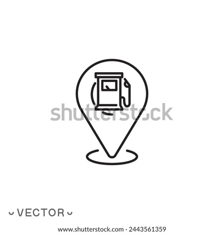 pin location gas station icon, map pointer with filling gasoline, thin line symbol isolated on white background, editable stroke eps 10 vector illustration