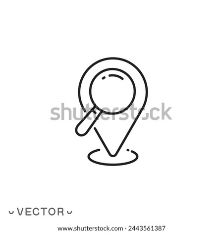 location search icon, map searching, magnifying glass with locator, thin line symbol isolated on white background, editable stroke eps 10 vector illustration