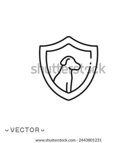 animal protection icon, dog shield, pet safe, thin line symbol isolated on white background, editable stroke eps 10 vector illustration