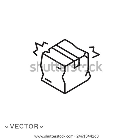 broken cardboard box icon, torn carton package, concept bad transportation, crumpled or squashed paper, delivery thin line symbol isolated on white background, editable stroke eps 10 vector