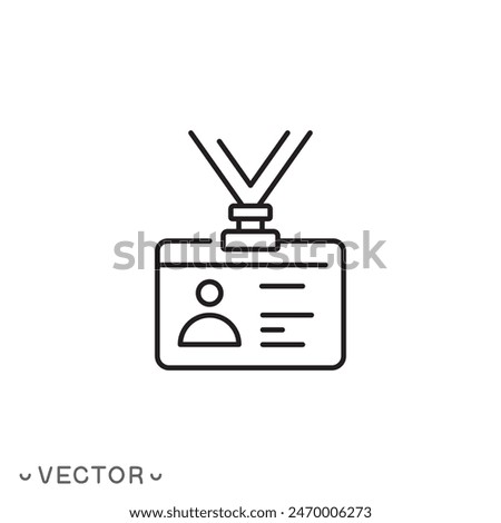 badge id card icon, person profile, employee identity, plastic document on lanyard, thin line symbol isolated on white background, editable stroke eps 10 vector illustration