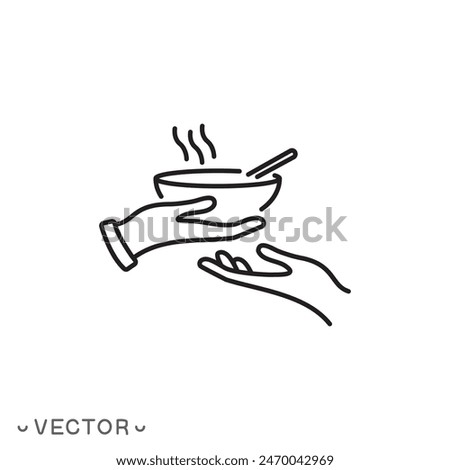 share food icon, taste food, give or donate nutrition, free food, feed the poor, thin line symbol isolated on white background editable stroke eps 10 vector illustration