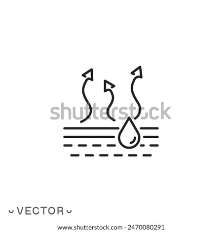 moisture evaporation process of coating icon, drying paint or varnish surface, steam or gas arrows, drop liquid on cloth, thin line symbol isolated on white background, editable stroke eps 10 vector