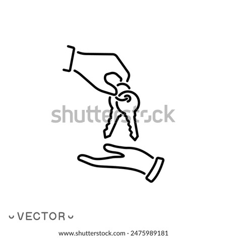 give key in hand icon, rental estate or hire car, agent broker, sale auto or home, dealer landlord, thin line symbol isolated on white background, editable stroke eps 10 vector illustration