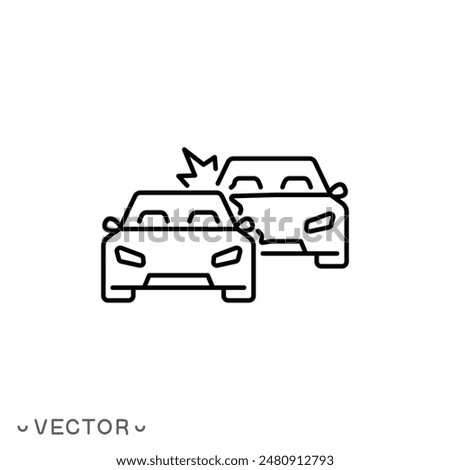 accident icon, broken cars, auto crash on road, thin line symbol isolated on white background, editable stroke eps 10 vector illustration