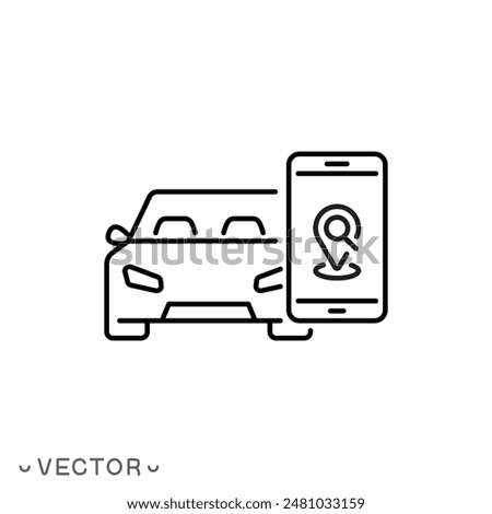 car parking app icon, smart gps car application, map park location in phone, thin line symbol isolated on white background, editable stroke eps 10 vector illustration