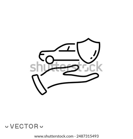 car protection icon, care and security for the automobile, car with shield icon, auto insurance, thin line symbol isolated on white background, editable stroke eps 10 vector illustration