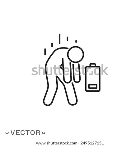 tired person icon, stress, tiredness, lack of energy, workplace burnout, thin line symbol isolated on white background, editable stroke eps 10 vector illustration